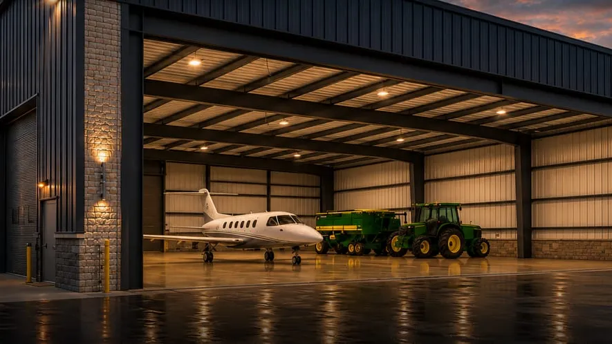 Illustration, not a photo of a real project: a dark steel-clad hangar at dusk, its wide door open on a business jet and farm equipment inside.